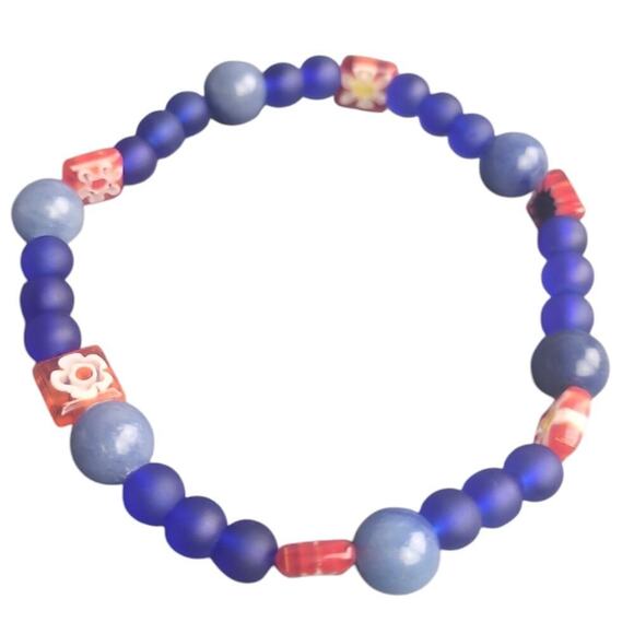 Millefiori Floral Adventurine Frosted Glass Stretch Bracelet - Picture 4 of 4